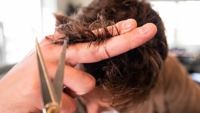 A hairdresser cutting a client's hair with scissors