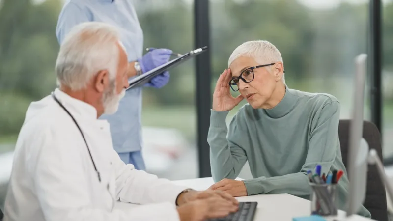 A doctor at a desk talking with a patient in a clinic