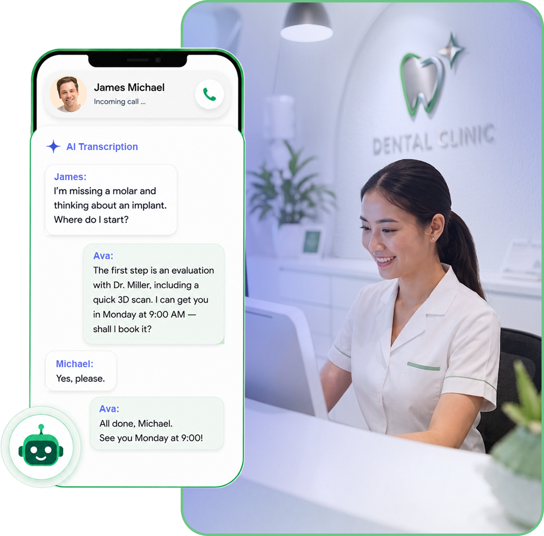 AI phone receptionist live call transcription while a dentist treats a patient in the chair